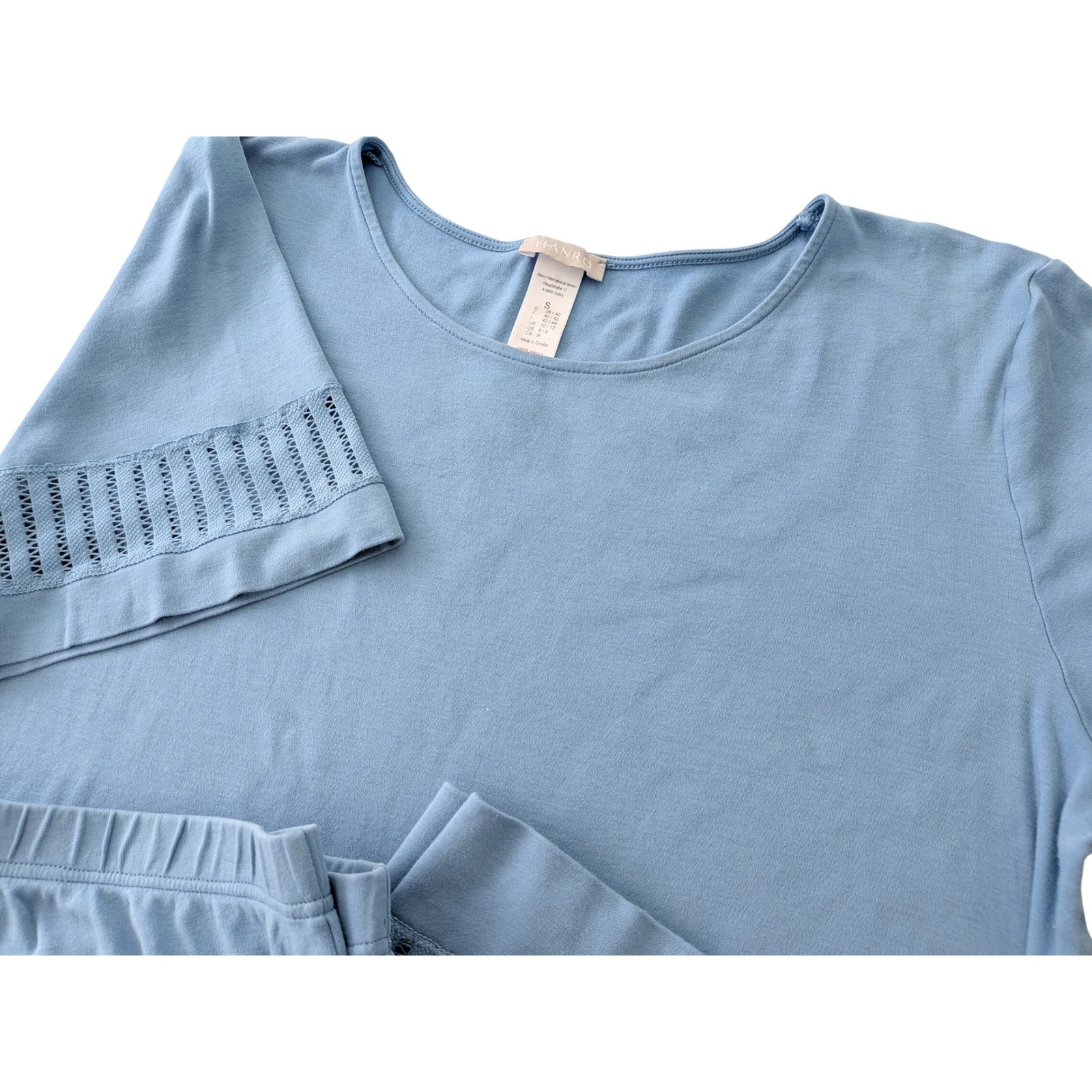 Hanro Women's Pajama Set Small Blue 100% Mercerized Cotton Lace Trim Sleepwear